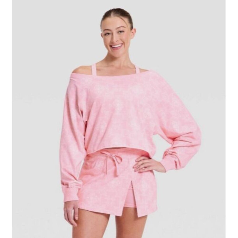 JoyLab Women's Washed Jersey Off-the-Shoulder Cropped Long-Sleeve Top Pink XXL